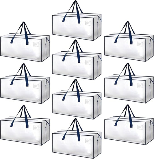 HealSmart 10 Pack Extra Large Moving Bags with Zippers & Carrying Handles, Heavy-Duty Storage Tote Moving Boxes for Dorm Room Essentials Storage Bags, Clear