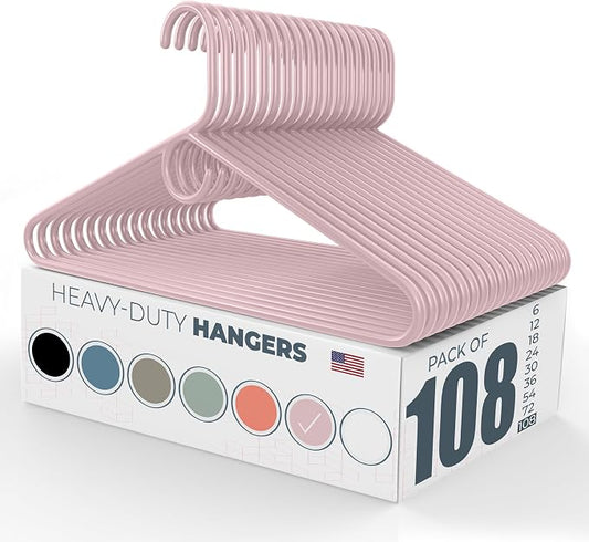 Heavy Duty Clothes Hangers 100 Pack (108 Count) – Made in the USA – 8lb Capacity Plastic Hangers for Adult Clothing – Durable for Pants, Coats, Jackets, or Jeans – Pink