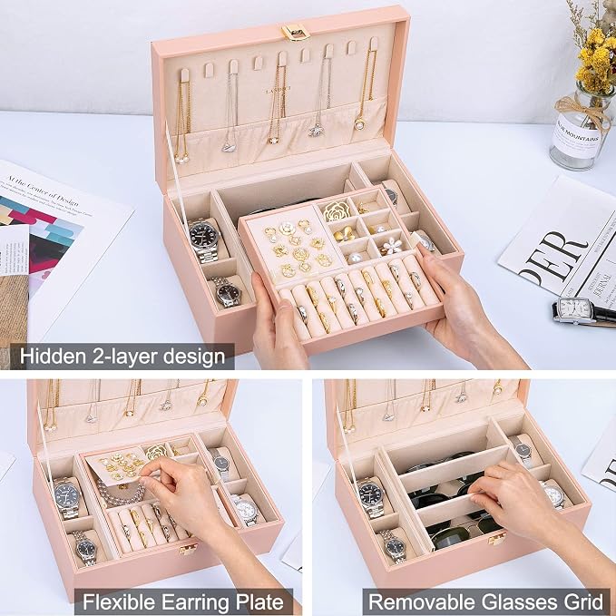 LANDICI Jewelry Box Organizer for Women, 2 Layer 4 Slot Watch Storage Case with Removable Tray, PU Leather Large Jewellery Holder Display for Watches Sunglasses Rings Earrings Necklace, Pink