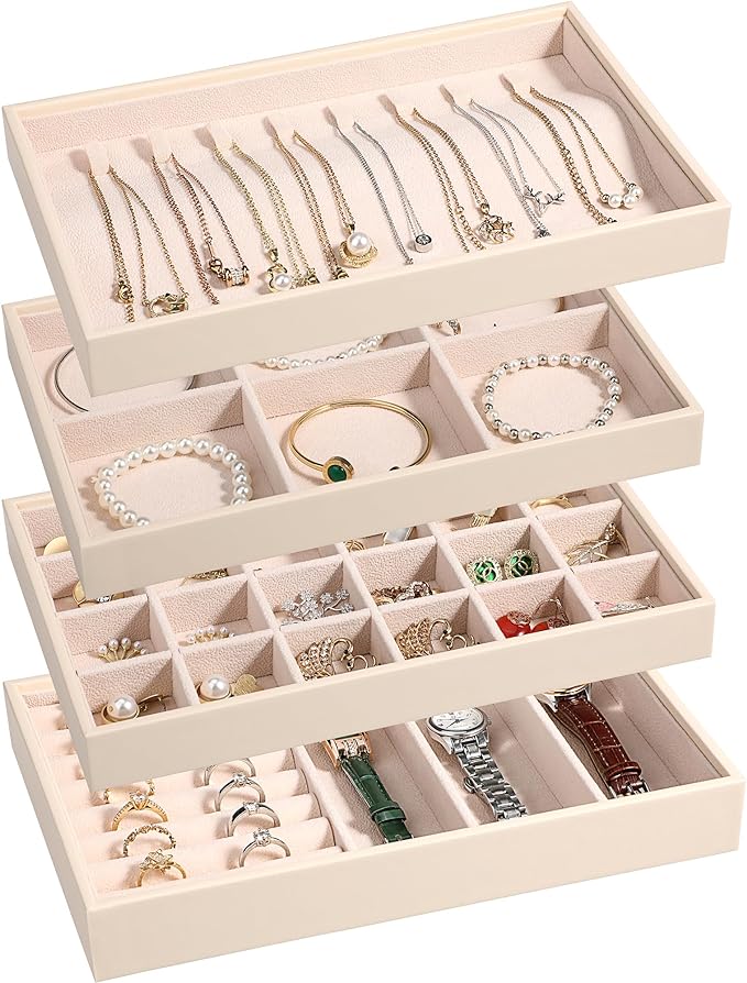 LANDICI Stackable Jewelry Organizer Trays 4 Set,PU Leather Jewelry Organizer Drawer,Jewelry Storage Display Tray for Earring Necklace Rings Bracelet with Removable Dividers,Apricot