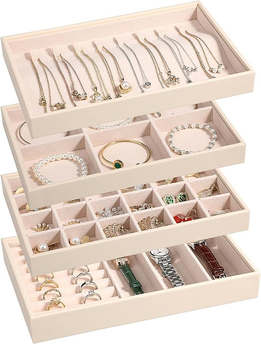 LANDICI Stackable Jewelry Organizer Trays 4 Set,PU Leather Jewelry Organizer Drawer,Jewelry Storage Display Tray for Earring Necklace Rings Bracelet with Removable Dividers,Apricot