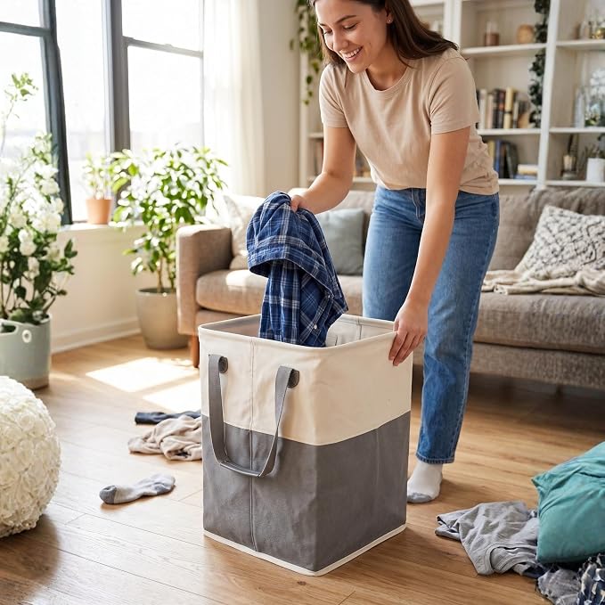 BirdRock Home Square Cloth Laundry Hamper with Handles - Dirty Clothes Sorter - Easy Storage - Foldable - Grey and White Canvas