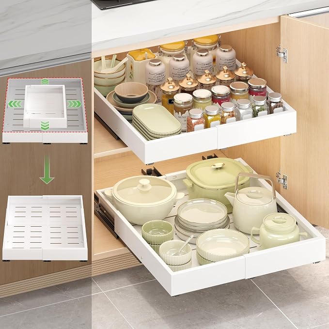 1 Pcs Pull Out Drawers for Cabinets Organizer Expandable Width(11.8"-19.4"), Depth(16.45"-21.7") With 3 Rails, No Drill Roll Out Drawer, Adhesive Sliding Drawers
