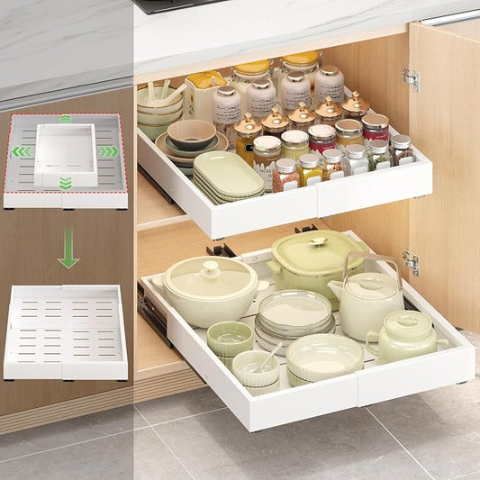 1 Pcs Pull Out Drawers for Cabinets Organizer Expandable Width(11.8"-19.4"), Depth(16.45"-21.7") With 3 Rails, No Drill Roll Out Drawer, Adhesive Sliding Drawers