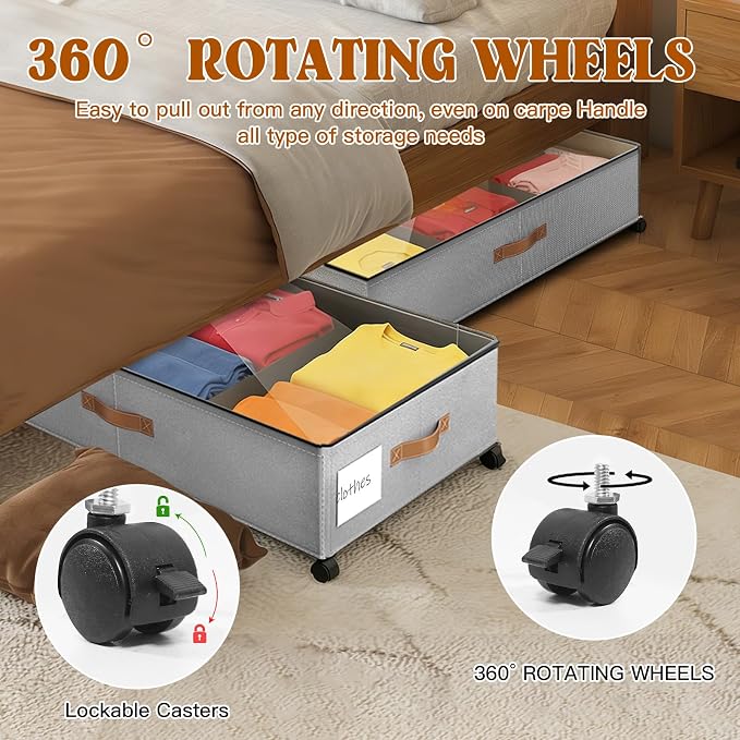 Under Bed Storage with Wheels, Rolling Under Bed Storage Containers with Clear Lid and Handles for Clothes, Shoes, Blankets, Pillows, Toys, Books, Bags (60L, 30.9 x 16.9 x 6.7in, Grey, 2 Pack)