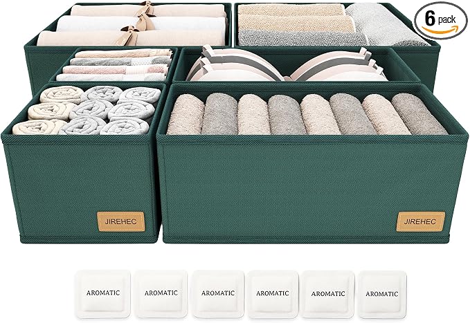 Dresser Drawer Organizer Clothes, 6 Pack Foldable Storage Boxes with Zipper, 600D Fabric, Green, Drawer Dividers for Underwear, Socks, Baby Clothes