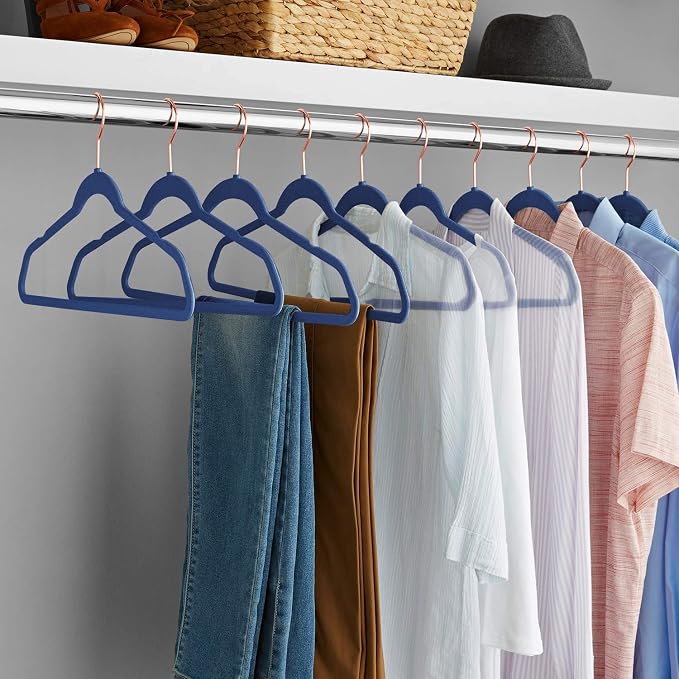 VECELO Premium Velvet Clothes Hangers Suit Heavy Duty (60 Pack)-Non Slip & Space-Saving with 8 Finger Clips & Tie Rack Excellent for Men and Women,Dark Blue