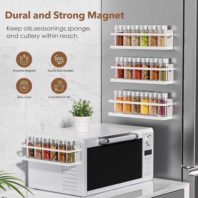 VANPET Magnetic Spice Rack for Refrigerator, Magnetic Fridge Shelf for Kitchen Spice Organizer, Spice Rack Wall Mount, Fridge Organizers and Storage (2, White)