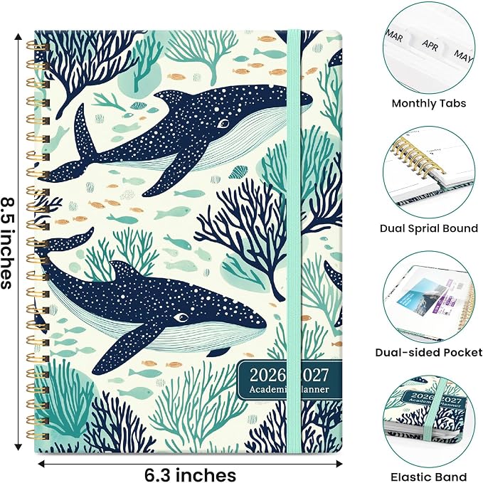 Planner 2026-2027, Hardcover Monthly and Weekly Academic Planner July 2026 - June 2027, Teacher and Student Calendar Agenda Book with Tabs, A5 (6.3" x 8.5"), Ideal for School and Office, Drifting Whales