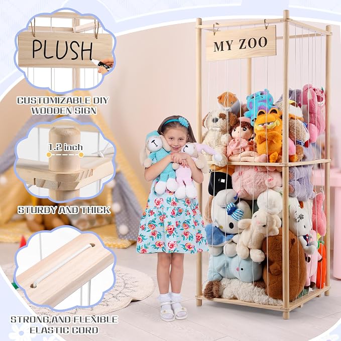 GLDZI Stuffed Animal Storage Zoo, Wooden Stuffed Animal Organizer with Elastic Cords for Boys Girls, Space Saving Toy Plushies Storage Holder for Playroom, Bedroom, Living Room (Burlywood, Large)