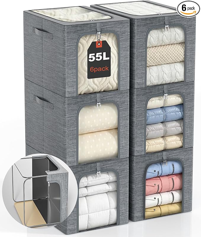 GoMaihe Blanket Storage Bins with Metal Frame, 6-Pack Large Closet Storage Bins with Lid & Clear Window, Comforter Bedding Storage Organizer for Walk-in Closet Cationic Fabric 55L