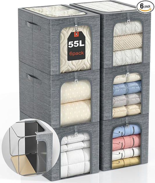 GoMaihe Blanket Storage Bins with Metal Frame, 6-Pack Large Closet Storage Bins with Lid & Clear Window, Comforter Bedding Storage Organizer for Walk-in Closet Cationic Fabric 55L