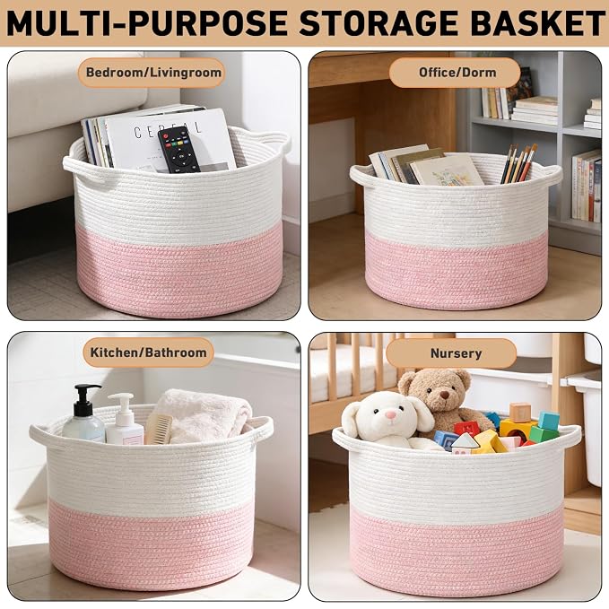 65L Large Pink Woven Cotton Rope Basket with Handles, Kids Nursery Laundry Hamper for Toys, Blankets, Pillows & Comforters, Cute Storage Bin for Bedroom & Playroom