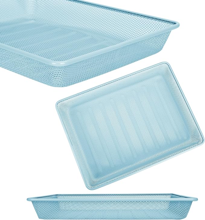 Office Metal Mesh Basket for Desk, Single Paper Tray Organizer, Turn in Trays Classroom, Flat Mail Letter Storage Basket for Office Home Drawers School (1, Blue)