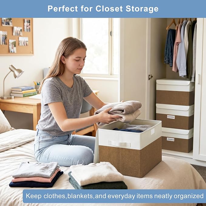 Bagnizer Large 22 Quart Linen Fabric Foldable Storage Bin Cube Organizer Basket with Flip-Top Lid & Handles, Clothes Blanket Box for Home, Office, Closet, Brown & White, 4 Pack 14.6 x 9.5 x 9.5