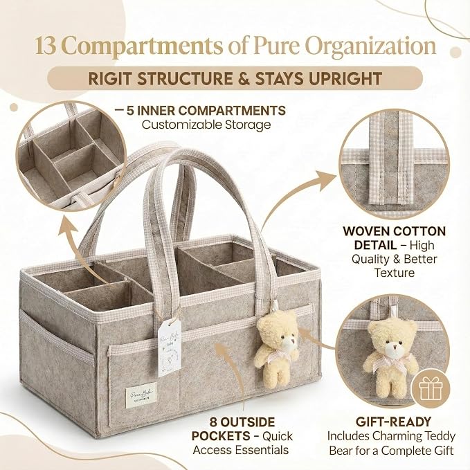 PeraBella Baby Diaper Caddy Organizer, XL Baby Basket Shower Gift Caddy, Portable Felt Changing Table Basket, Nursery Storage Bin, Newborn Boy and Girl Essentials for Registry, Car Diaper Organizer