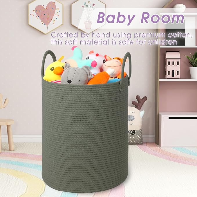 Large Laundry Basket,Laundry Hamper,15''x18'' Cotton Rope Storage Basket with Handles,baby hamper,Nursery Blanket Storage Living Room,toy basket,kids laundry(Green)