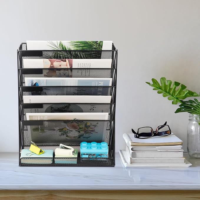 EASEPRES 5+1 Tier Mesh Desk File Organizer, Hanging Wall Mount Document Organization Stand, Desktop Vertical Mail Paper Folder Holder Rack with Bottom Tray for Office Home Cubicle, Black