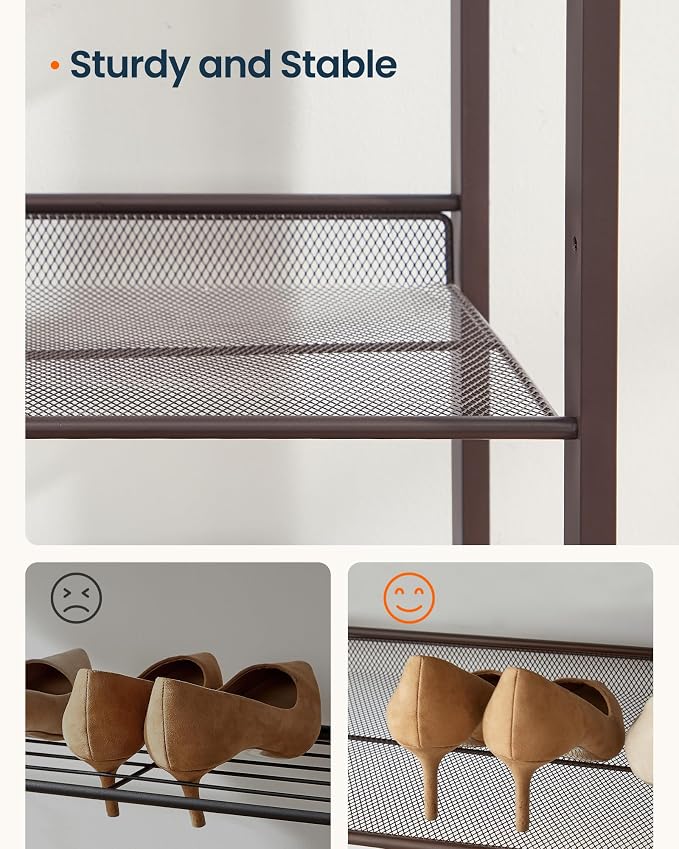 SONGMICS HOME 3-Tier Stackable Shoe Rack, Metal Shoe Organizer for Closet, Entryway, Garage, Flat or Slanted Mesh Shelves, Brown