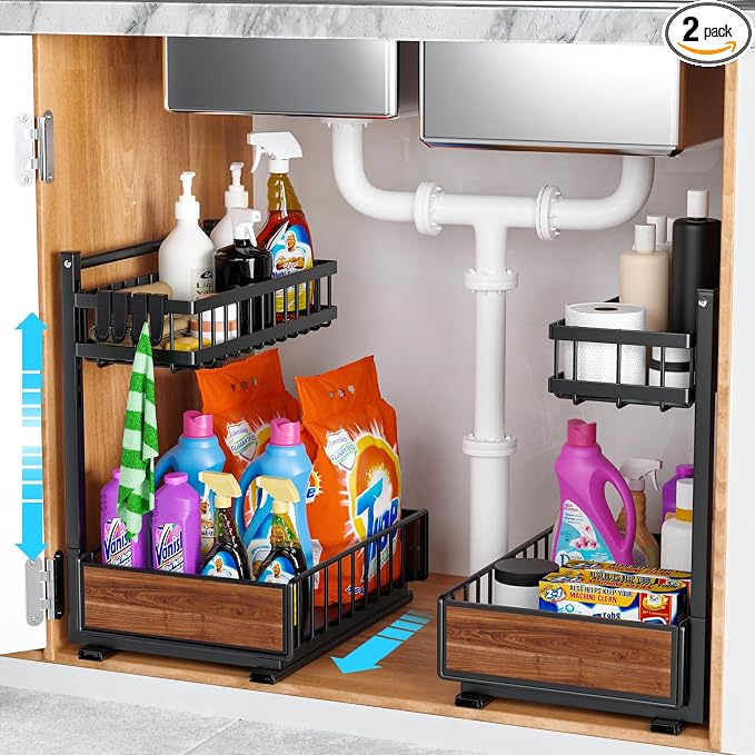 Cadrim Under Sink Organizer 2 pack, Pull Out Cabinet Organizer Shelf 15.75 * 13.78 * 10.3 inch，Organizers and Storage with Sliding Drawer, Under Sink Storage for Kitchen Bathroom Cabinet