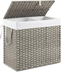 DUMOS Wicker Laundry Basket with Lid, 110L Woven Laundry Hamper with Handles, Foldable Rattan Clothes Hamper with Removable Liner & Sturdy Steel Frame, Dove Gray