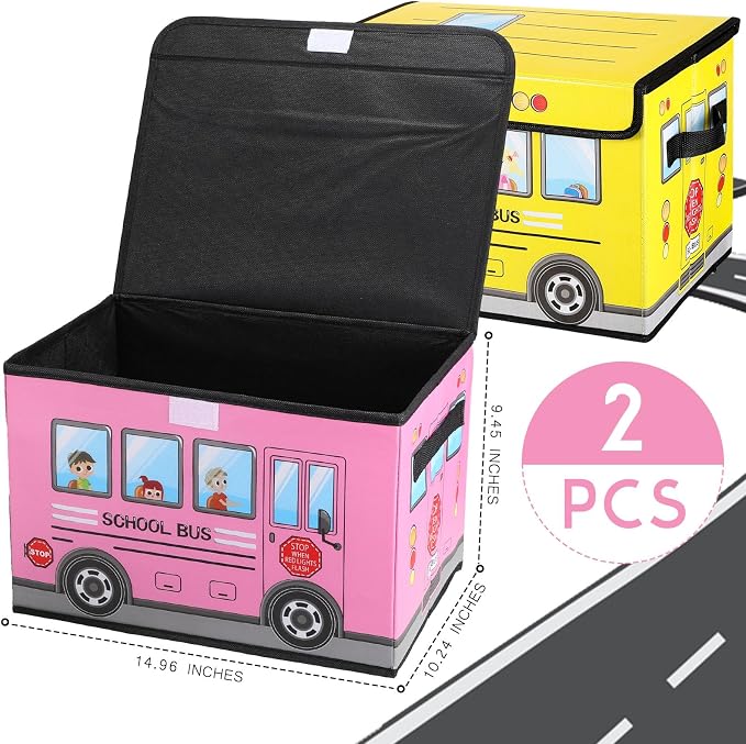 Sweetude 2 Pcs School Bus Treasure Box for Classroom, Foldable Chest Storage Toy Box Chest with Lid Treasure Storage Organizer Bin for Kids Teachers Toy Prizes Awards for Students(Yellow, Pink)