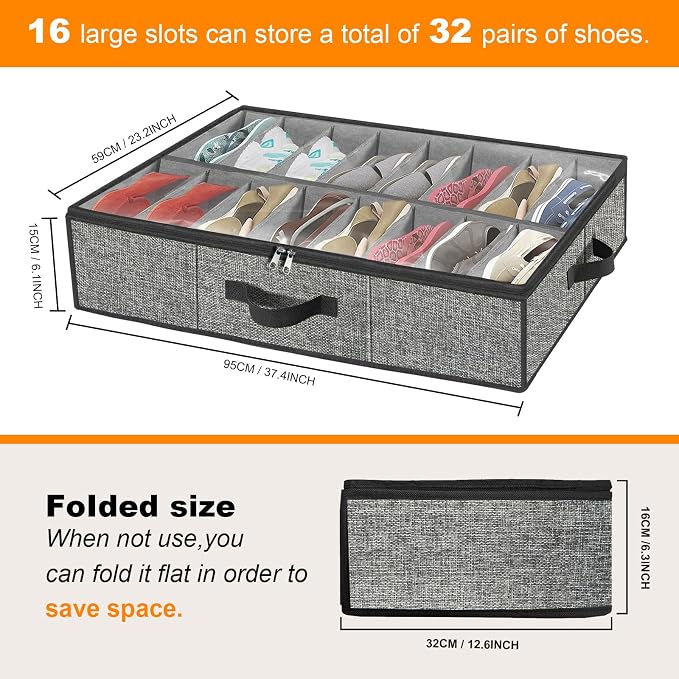 homyfort Under the Bed Shoe Storage Organizer for Closet, Extra Large Underbed Shoe Container, 2 Pack Fits 32 Pairs