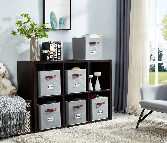 DECOMOMO Storage Bins, Cube Storage Bin with Labels | 13" x 13" x 13" Fabric Storage Cubes for Shelves (6pcs, Grey)