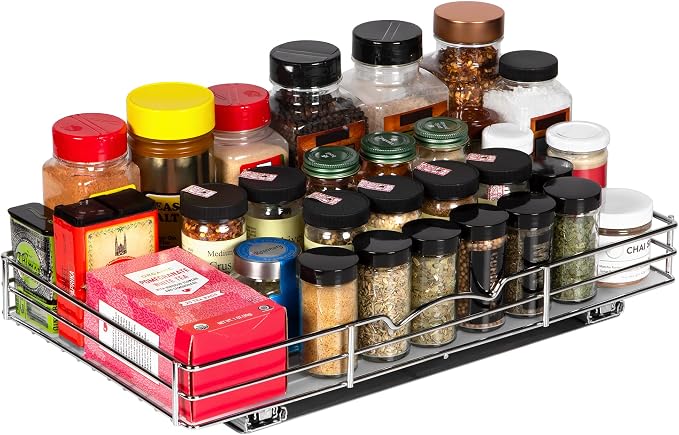 Pull-Out Cabinet Spice Rack Organizer, 18 ⅜"W x 10 ½"D x 2 ¾"H | Slim Slide-Out Storage for Spices, Bottles & Jars, Premium Heavy-Duty Steel, Easy Install for Narrow Kitchen Cabinets, Chrome