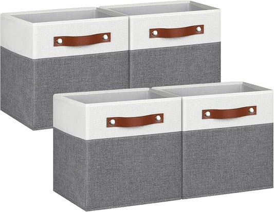 11 Inch Cube Storage Bin - 4 Pack - Linen Fabric 11x11 Cube Storage Bins for Bedroom, Living Room, Clothes and Toys; Foldable, Dual Leather Handles