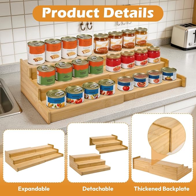 Artcochan 2 Pack 3 Tier Expandable Bamboo Can Rack Organizer for Pantry，Adjustable Pantry Organizers Holds Up to 24 Soda Cans,Canned Food Storage for Kitchen Cabinet Countertop