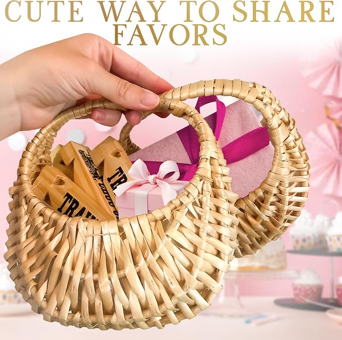 Flower Girl Basket Set of 2, Rattan, 6.3" x 5.12" x 3.75" | Rustic Small Wicker Baskets with Handle & Waterproof Lining; for Wedding, Bridal Shower, Flower Petals, Gifts & Photo Props