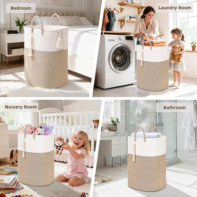 Woven Laundry Basket for Clothes, 100L Large Rectangle Laundry Hampers with Beads Tassel, Nursery Storage Basket for Toys, Tall Dirty Clothes Hamper for Bedroom Aesthetic, Laundry Room Organization