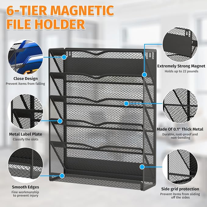 6-Tier Magnetic File Holder, No Drilling Magnetic File Organizer Folder Holder, Black Hanging Magnetic Paper Holder for Refrigerator, Whiteboard, File Cabinets, Office, Kitchen (Black, 6-Tier)