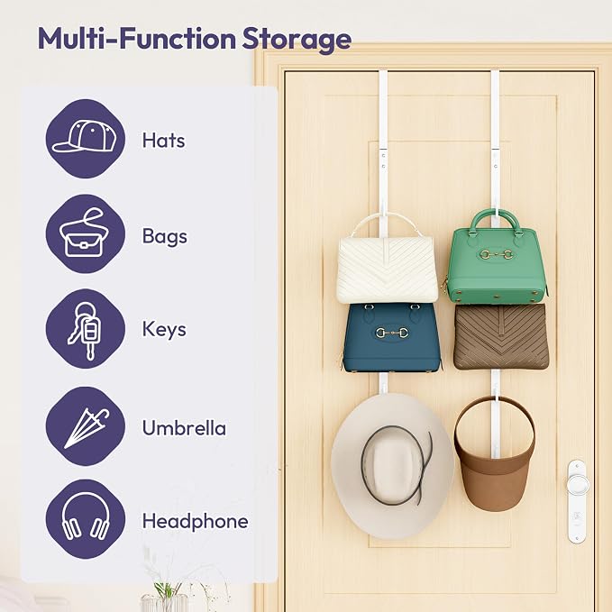 SWTYMIKI Over the Door Purse Organizer - 2 Packs Wall Mounted Purse Rack with 5 Hooks Design, Hanging Handbag Organizer Storage Holds up to 10 Bags, Bag Rack for Closet, Door (White)