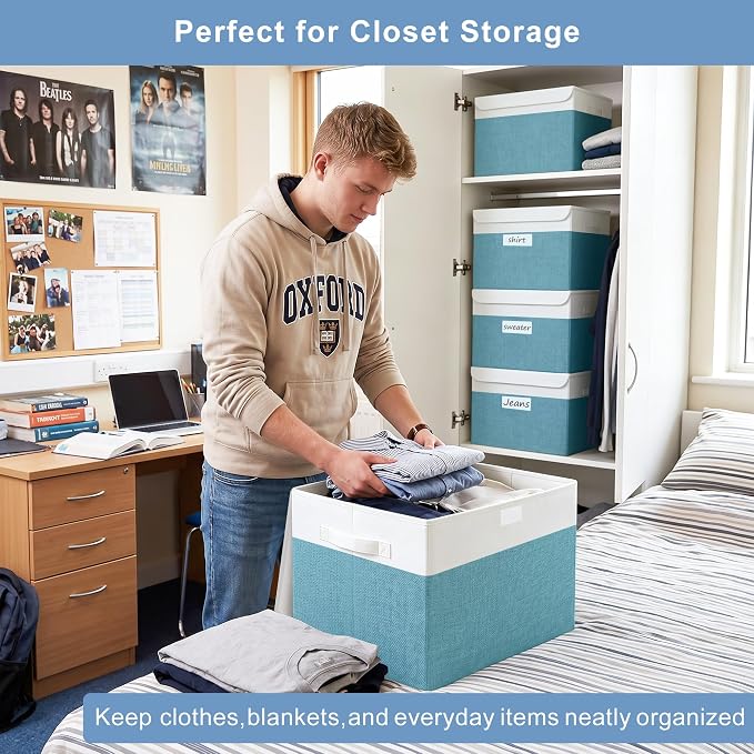 Large 17" 42 Quarts Collapsible Stackable Storage Bins with Lids [3-Pack] Foldable Fabric Linen Storage Boxes Cube, Closet Organizer Baskets with Label for Home (16.7 x 12 x 12", Teal & White)