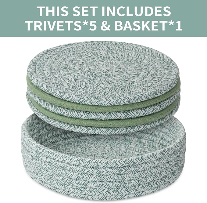 Trivets for Hot Dishes, Pots and Pans, Heat Resistant Hot Pads with Storage Basket, Pot Holders for Kitchen Countertop, Trivet Mats Home Essentials Farmhouse Decor (Green 5 Pcs)
