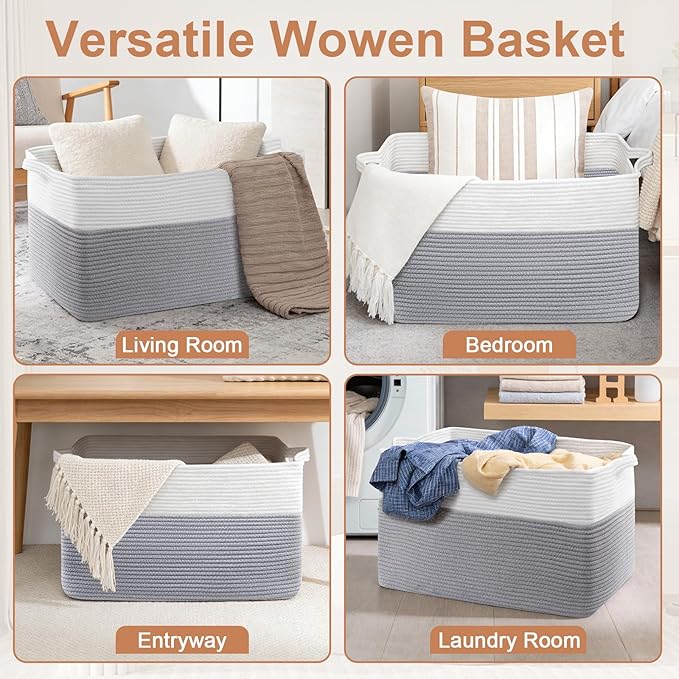 105L XXXL Large Blanket Basket, Rectangular Cotton Rope Basket, Laundry Hamper for Blankets, Pillows, Extra Large Toys Storage Bins for Kids, Dogs 25" x 16" x 16", White & Gray