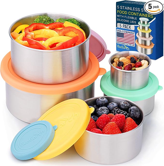 Stainless Steel Food Storage Containers - Metal Set of 5, Snack Size | EcoEarth for 100% plastic-free, airtight, and leakproof with food-safe silicone lids for mess-free travel.
