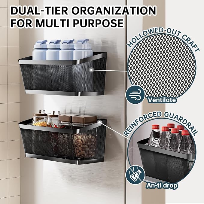 2Pcs Magnetic Spice Rack for Fridge Magnet Hanging Basket Holder for Seasonings Fruit Vegetables Coffee Beans Magnetic Organizer Shelf, Kitchen Refrigerator Organizers (Black - Extra Large)