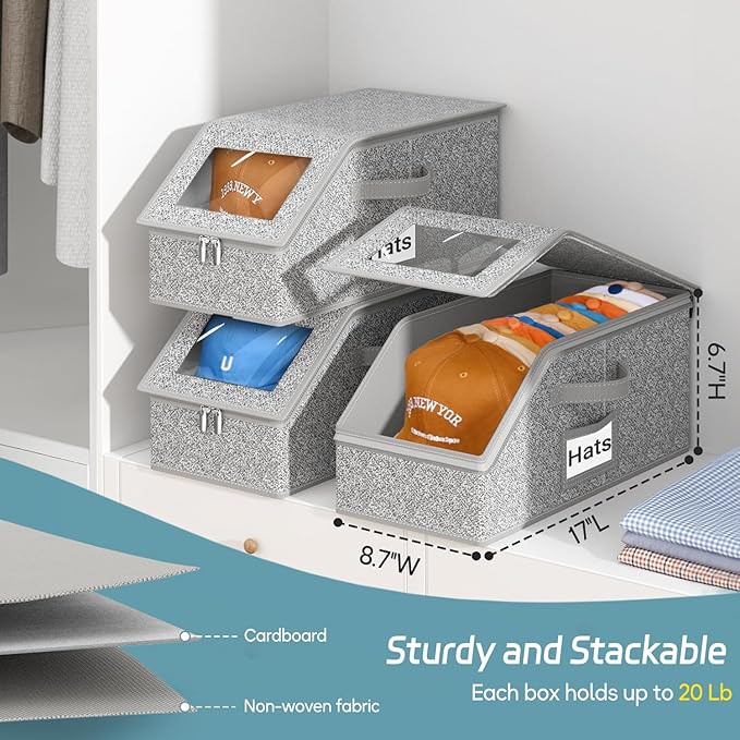 AOODA 3 PCS Stackable Hat Storage for Baseball Caps, Holds up to 36 Caps Cap Organizer for Closet, Sturdy Hat Boxes for Men with Cardboard, Grey