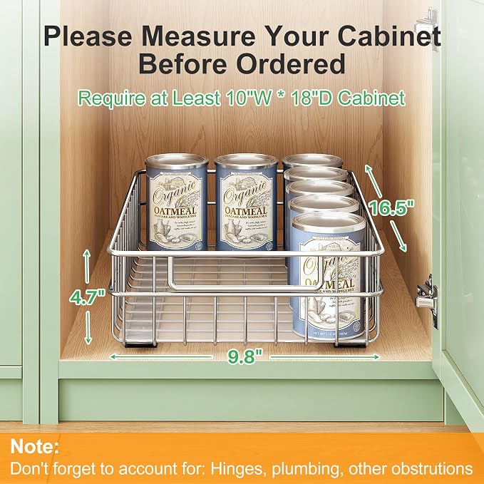 Pull out Cabinet Organizer, Stainless Steel 2-Pack (9.8"W x 16.5"D) Full-Extension Slide out Drawer, Adhesive Roll out Can Spice Storage Basket Shelf Rack for Pantry, Kitchen, Bathroom, Home Closet