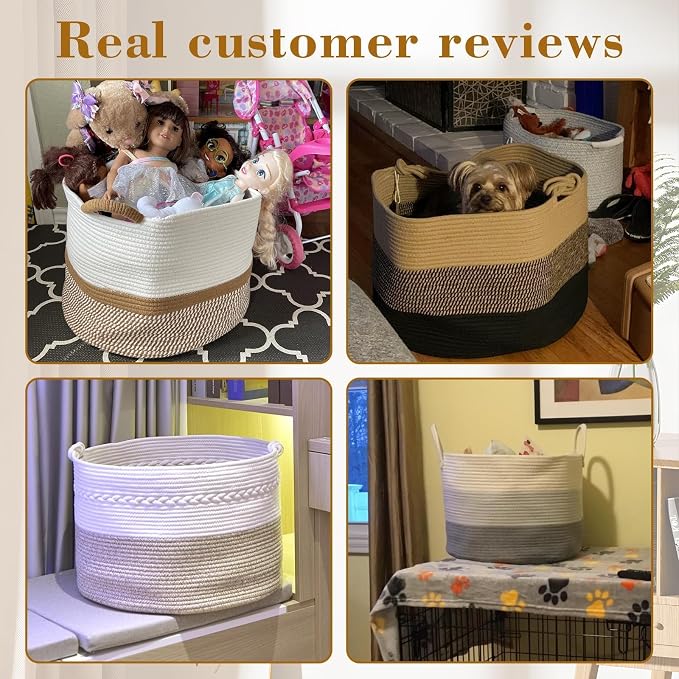 67L Large Woven Blanket Basket, Cotton Rope Baby Laundry Hamper with Handles, Kids Toy Basket for Classroom & Nursery, Soft Round Stuffed Animal Storage, Dog Toy Bin - 20"x13", Gray