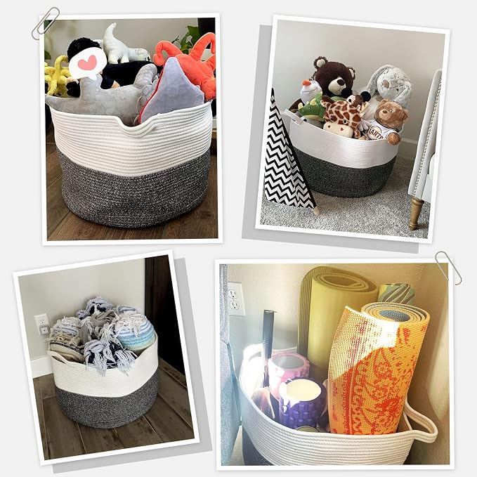 INDRESSME XXXLarge Cotton Rope Basket 21.7" x 21.7" x 13.8" Woven Baby Laundry Baskets Blanket Basket Toy Baskets with Handle Storage Comforter Cushions Gray Laundry Hamper