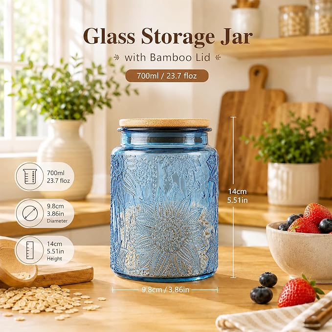 Custde Glass Storage Jars With Airtight Lid, 23.7oz Canister For Kitchen Counter with Bamboo Lid, brown sugar, candy, coffee, cookie, salt, tea,pantry cute Jar (Blue 2-Pack, 23.7 fl oz)