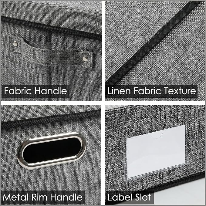 PRANDOM Storage Bins with Lids [3-Pack] Linen Fabric Foldable Storage Boxes Organizer Containers Baskets Cube with Cover for Bedroom Closet Office Grey(23.4X15.9X11.4)