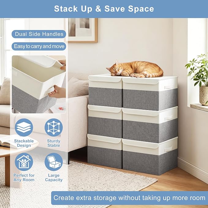 Bagnizer Large 22 Quart Linen Fabric Foldable Storage Bin Cube Organizer Basket with Flip-Top Lid & Handles, Clothes Blanket Box for Home, Office, Closet, Gray & White, 4 Pack 14.6 x 9.5 x 9.5”