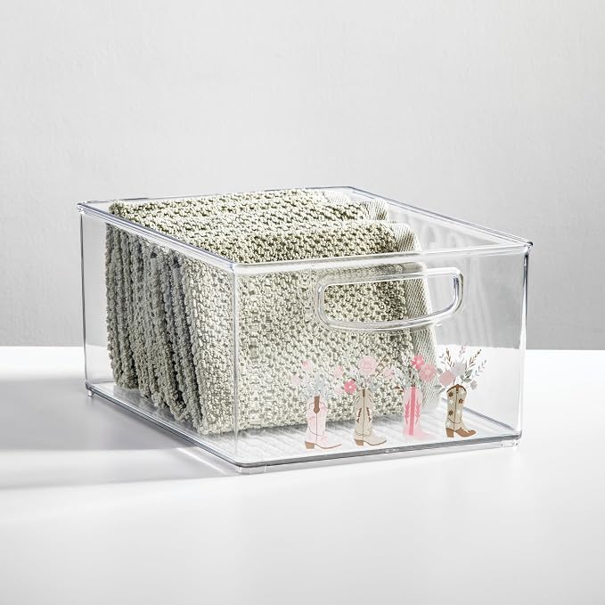 iDesign Bathroom Organizer Bin with Decorative Print - Stackable Plastic Storage Basket for Makeup & Vanity Organization - Clear