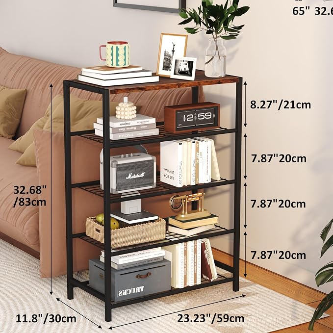 Yusong Shoe Rack Organizer, 5 Tier Industrial Shoe Storage Shelf, Narrow Sturdy Metal Shoe Shelves for Closet Entryway, Rustic Brown