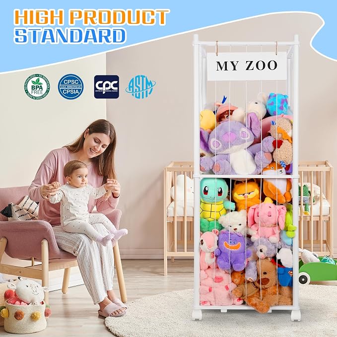 GLDZI Stuffed Animal Storage Zoo with Wheels, Wooden Stuffed Animal Organizer with Elastic Cords, Space Saving Toy Plushies Storage Holder for Playroom, Bedroom, Living Room(White, Large)